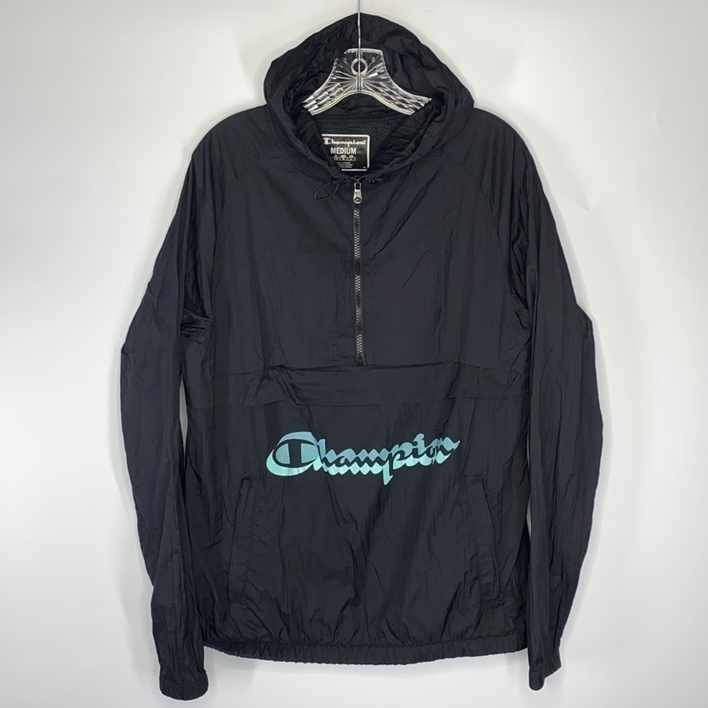 Champion Anorak Black Hooded Spellout Windbreaker Jacket Size Medium
